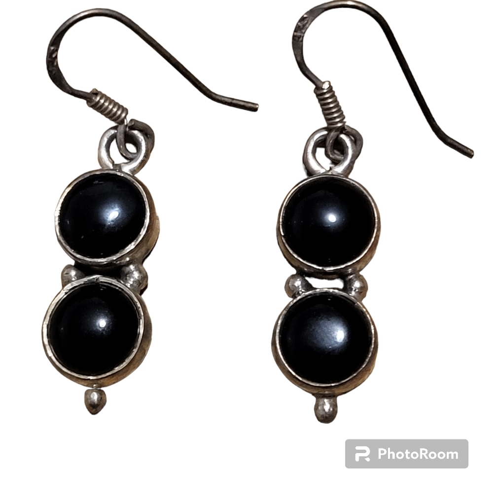 Vintage silver plated black onyx stone dangle earrings